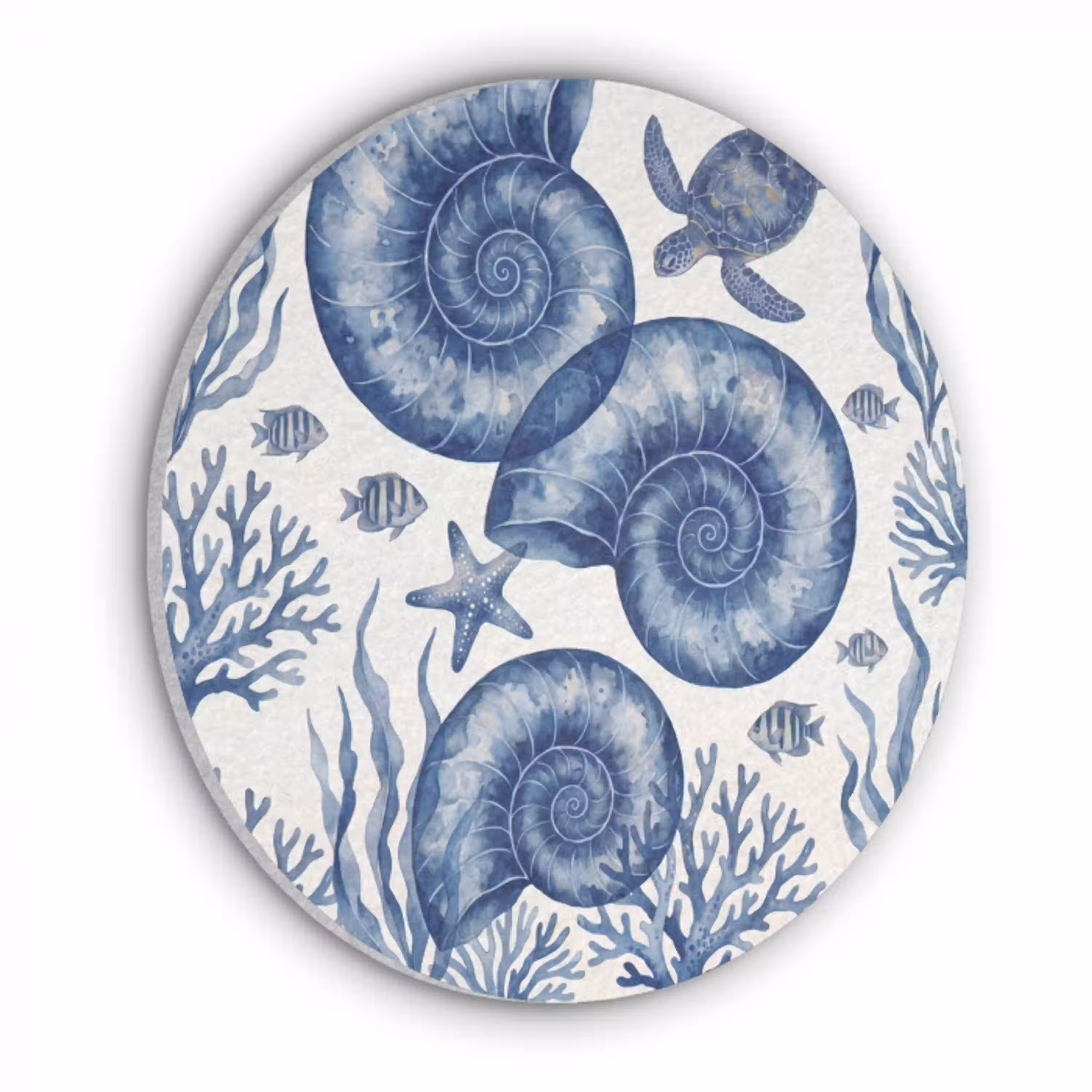 Schelp - Spiraal - Zeeleven - Aquarel - Blauw Akoestische PET Vilt - Rond klein -3d