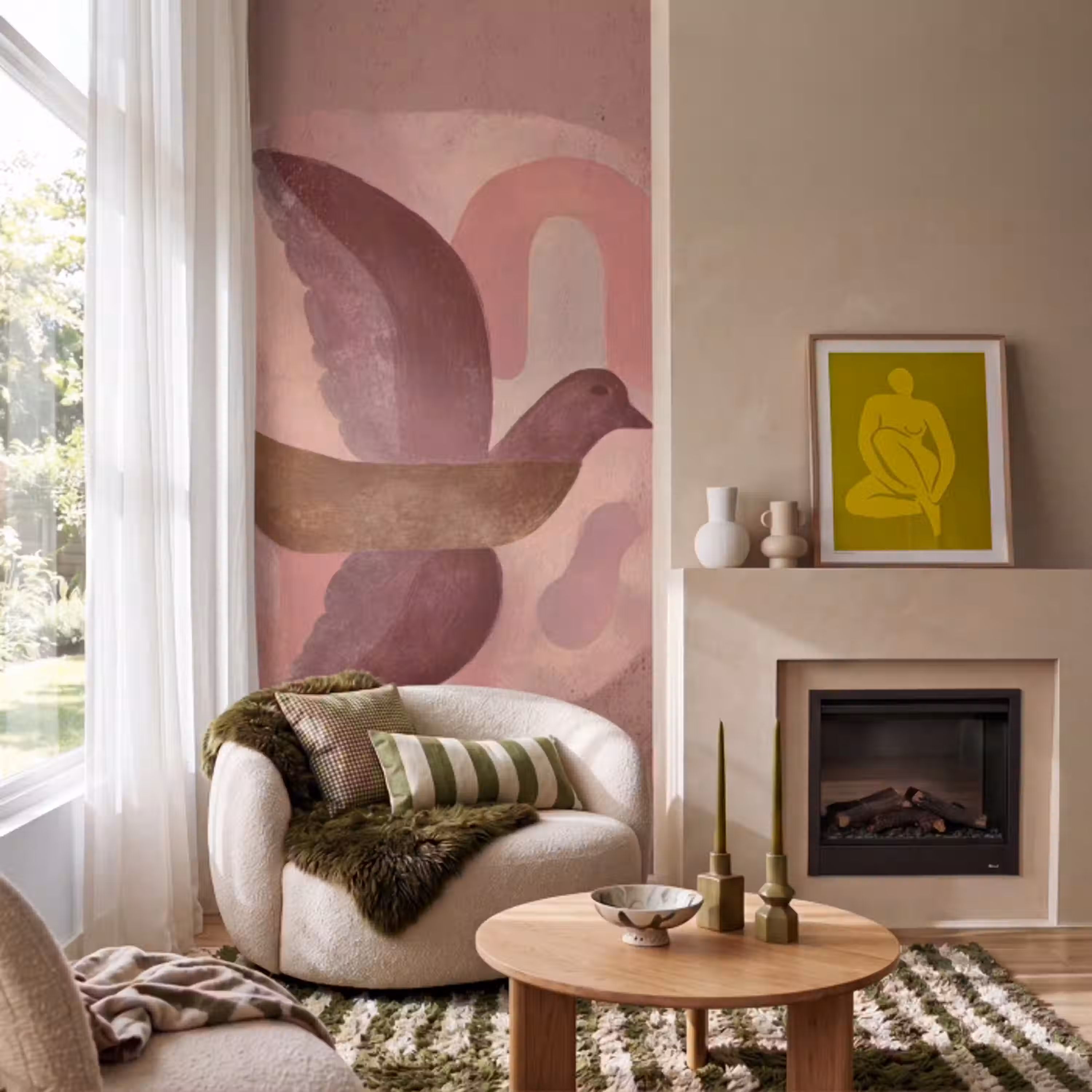 Illustratie - Vogels - Abstract - Roze Behang Vlies klein -sfeer2
