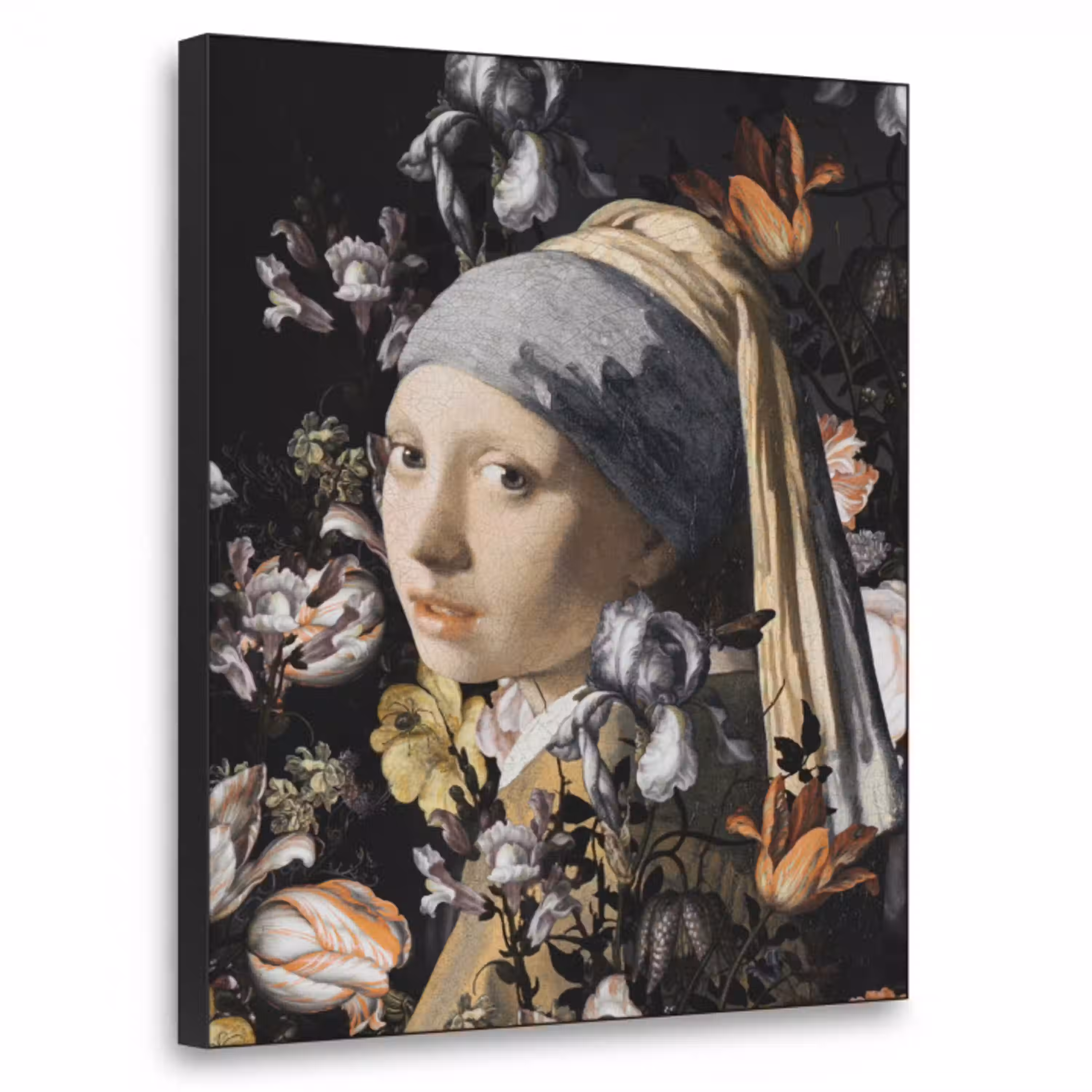 Meisje met de parel - Johannes Vermeer - Bloemen Textielframe zwart klein -3d