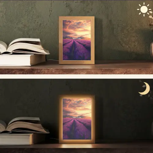 Lavendelveld - Quote - Zonsondergang Light Box met kabel (Tafellamp) klein -sfeer3