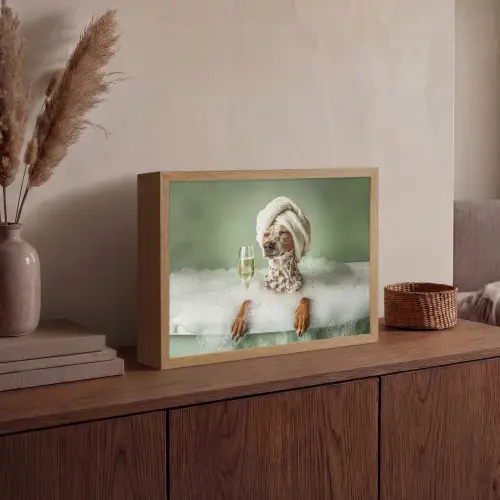 Hond - Bad - Champagne - Handdoek Light Box met batterij (Wandlamp) middel -sfeer2