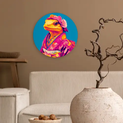 Bloemenkrans - Hagedis - Kimono - Paars Wandcirkel kunststof plaat 5mm dik klein -sfeer1