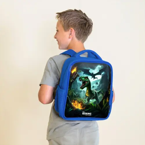 Dinosaurus en draak in vurige junglevallei Kinderrugzak - Blauw middel -sfeer2