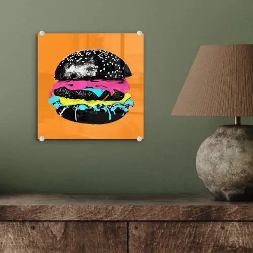 Hamburger - Oranje - Neon - popart plexiglas 5mm klein -sfeer3