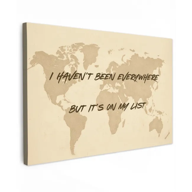 Beige - Wereldkaart - Quote - Handgeschreven Tuinposter op houten frame 2 cm dik middel -3d