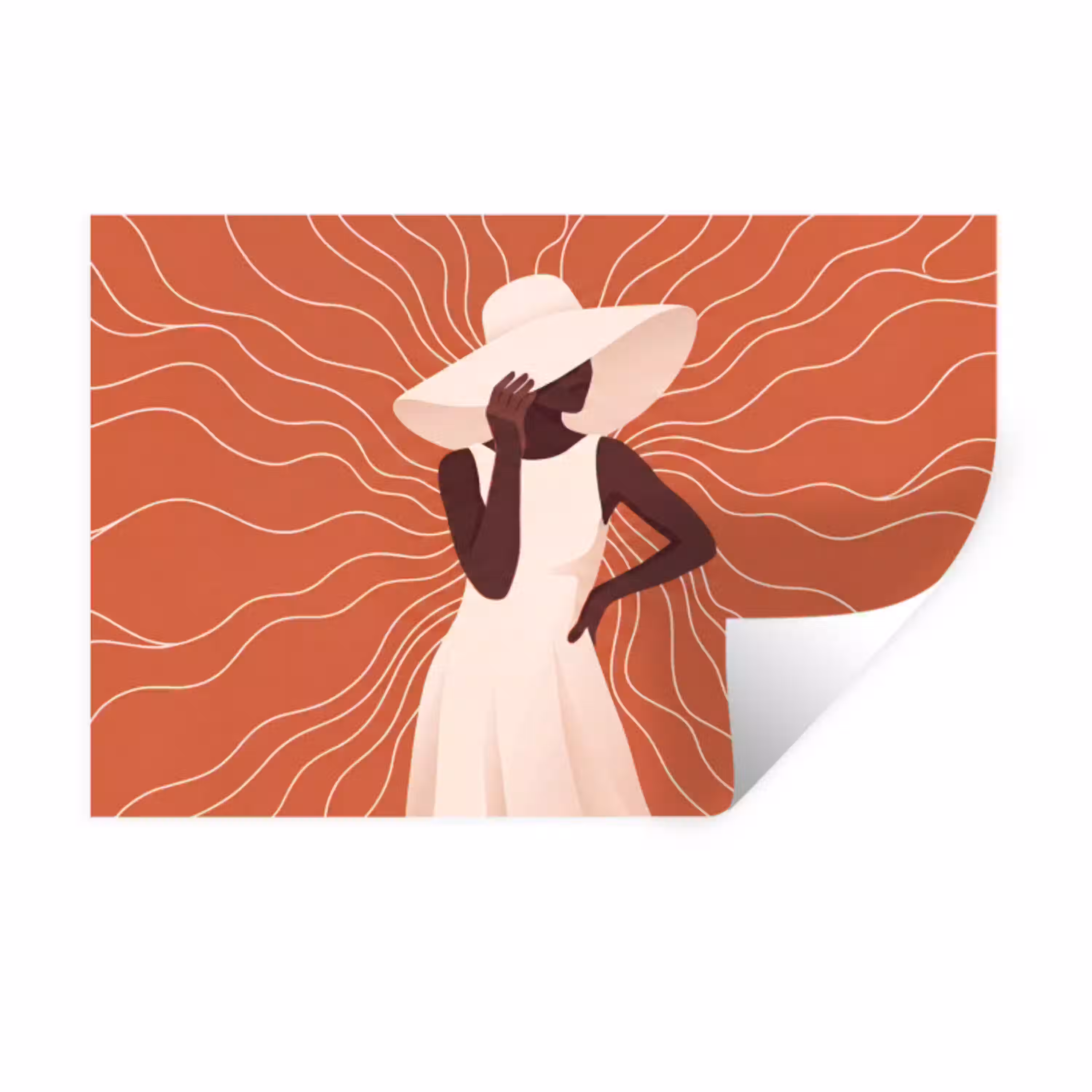 Vrouw - Hoed - Portret - Modern - Beige Muursticker klein -3d