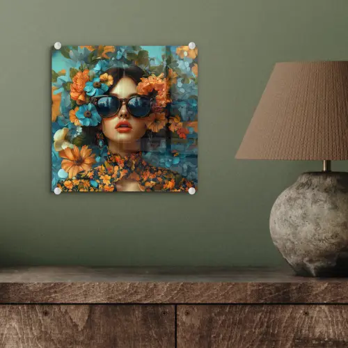 Vrouw - Bloemen - Oranje - Blauw - Modern plexiglas 5mm klein -sfeer3