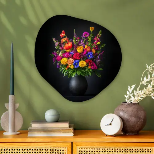 Felgekleurd - Bloemen - Vaas Wandcirkel Organisch Plexiglas middel -sfeer2