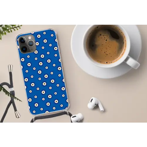 Griekse Boze Oog - Patroon - Blauw Hoesje iPhone 12 Pro met koord klein -oordop