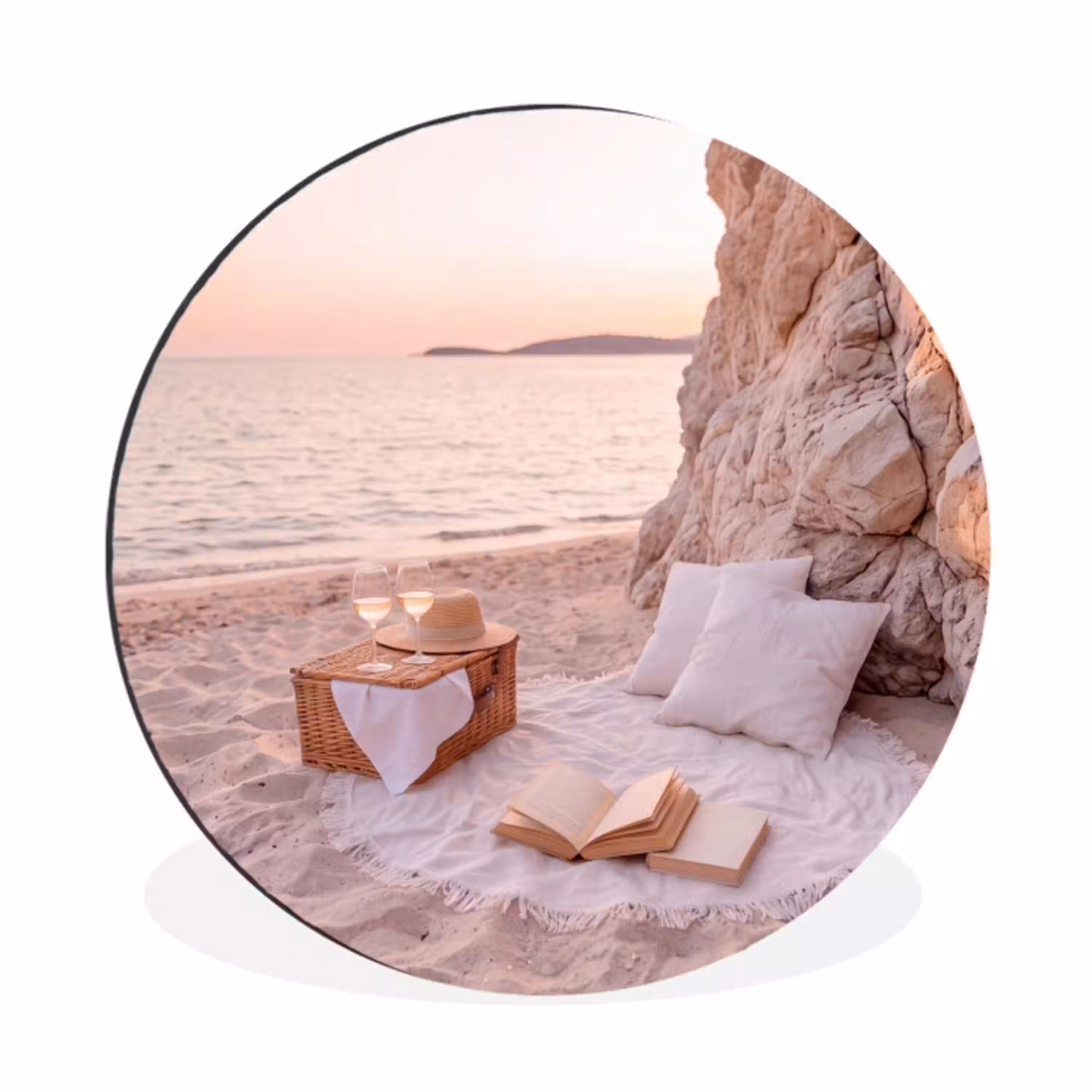 Strand - Picknick - Zonsondergang - Zomer - Natuur Wandcirkel aluminium klein -3d