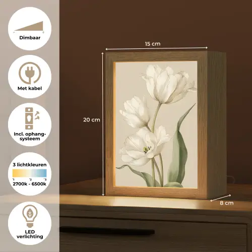Tulpen - Wit - Bladeren Light Box met kabel (Tafellamp) klein -USP_NL
