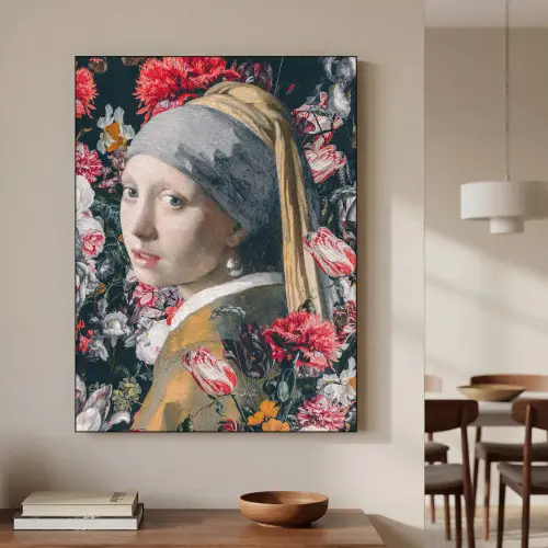 Meisje met de parel - Johannes Vermeer - Bloemen Textielframe zwart klein -sfeer2