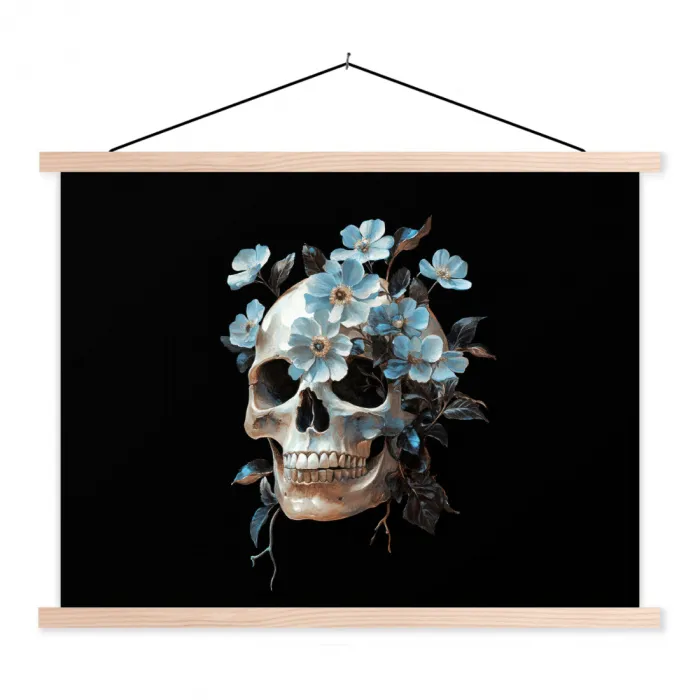 Schedel - Blauw - Bloemen - Bladeren textielposter latten blank klein -3d