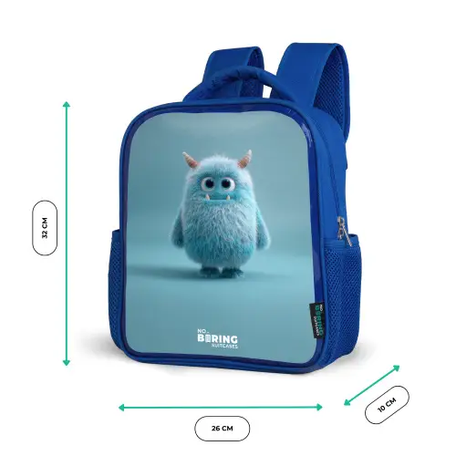 Blauw pluizig monster met hoorns Kinderrugzak - Blauw middel -productfoto_formaten