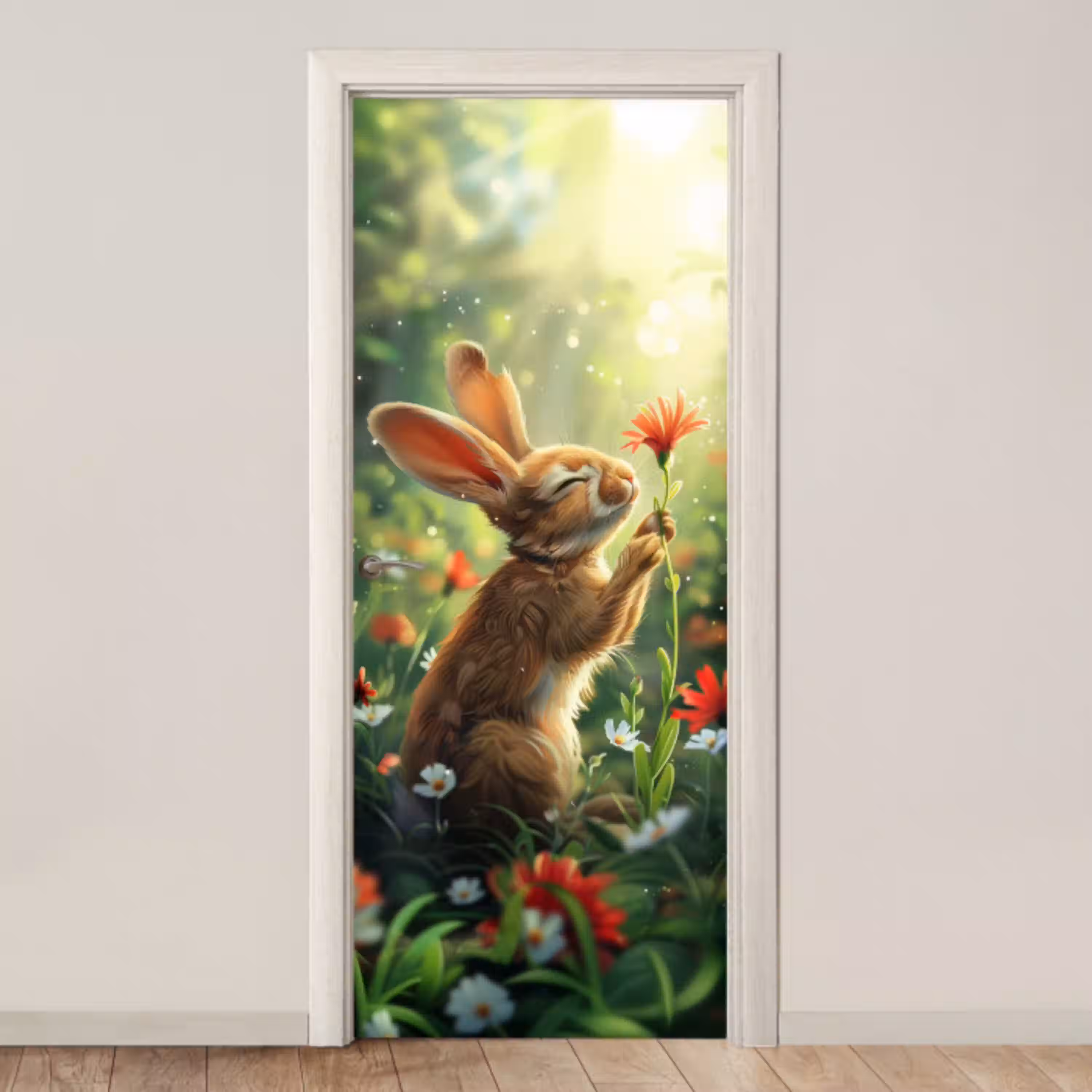 Konijn - Dieren - Bloemen - Natuur deurposter klein -3d_beige