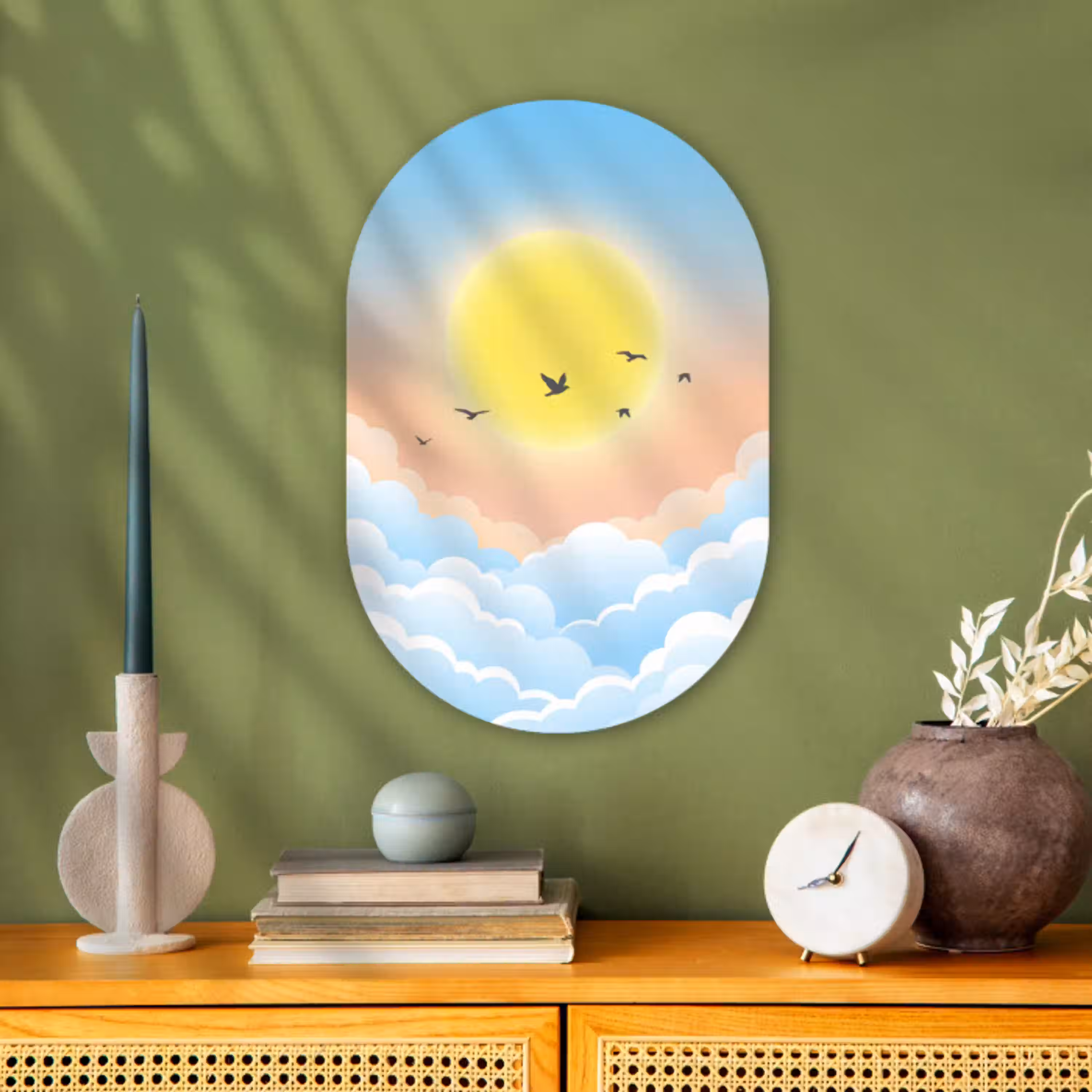 Zon - Vogels - Lucht - Natuur - Geel Wandcirkel Ovaal Forex klein -sfeer2