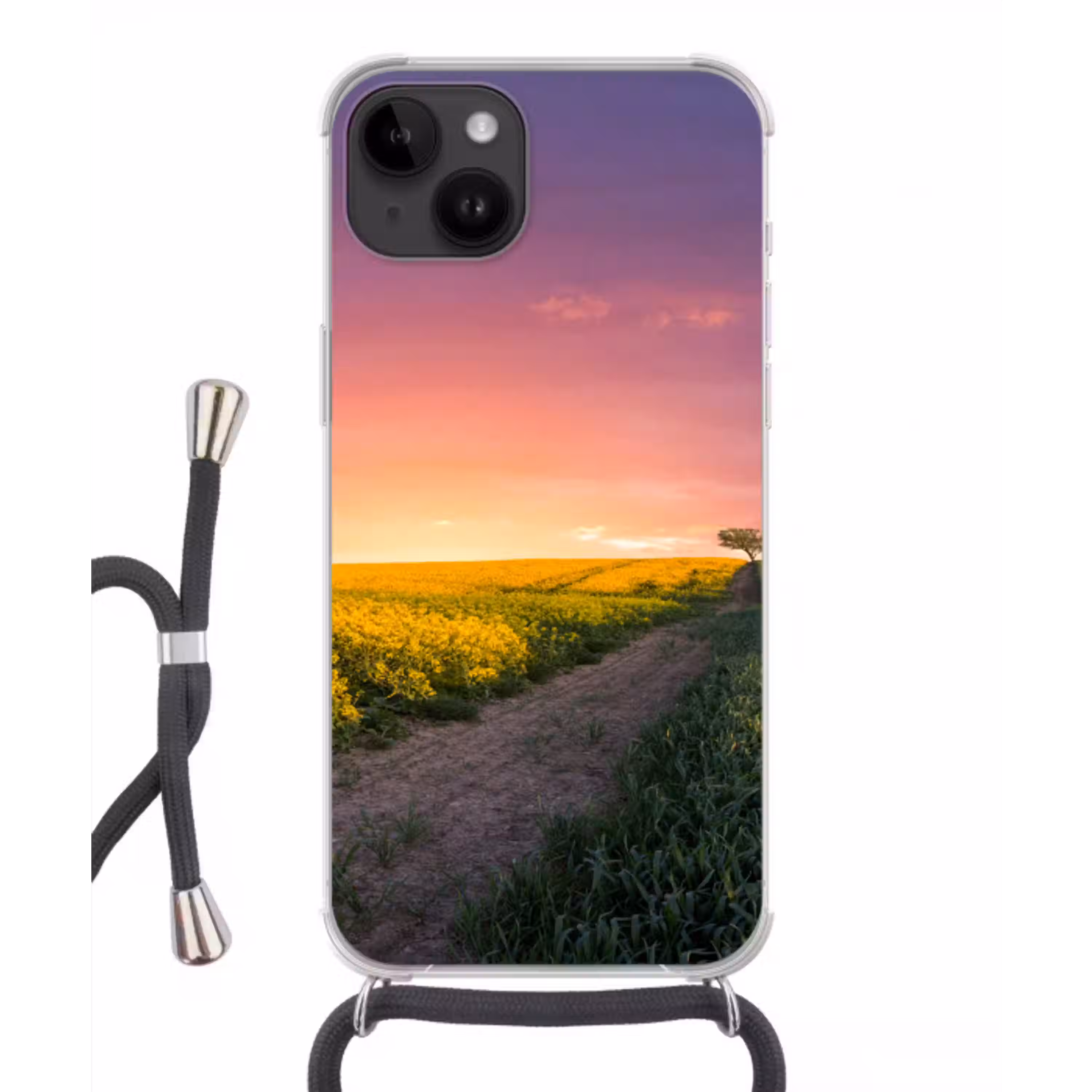 Bloemen - Weg - Lucht - Geel - Paars - Zonsondergang - Natuur Crossbody Case iPhone 14 middel -3d