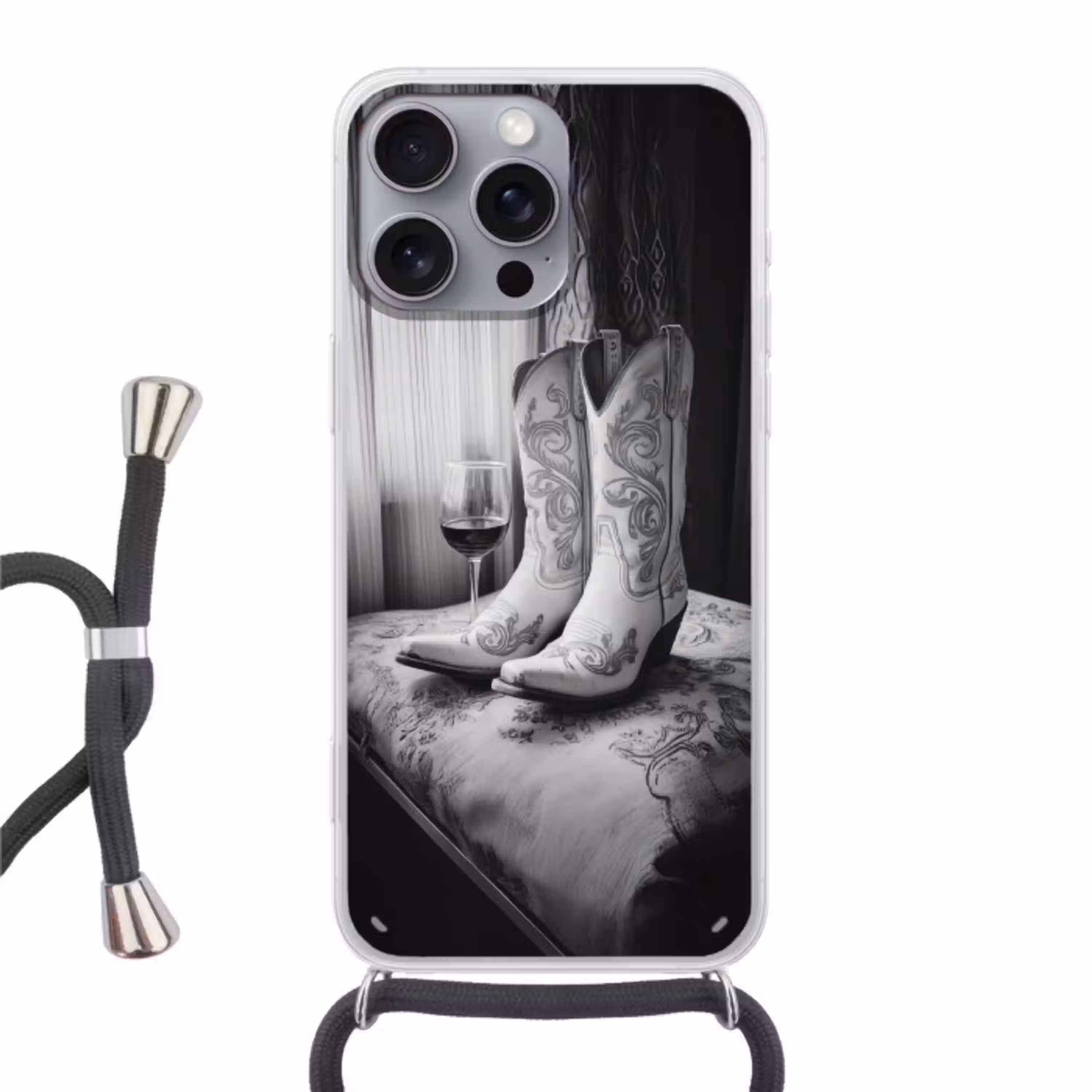 Wijn - Cowboylaarzen - Raamlicht - Wit Hoesje iPhone 16 Pro Max met koord klein -3d