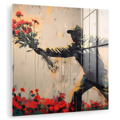 Street art - Man - Bloemen - Rood - Graffiti - Banksy plexiglas 5mm klein -zzzproduct_nieuw
