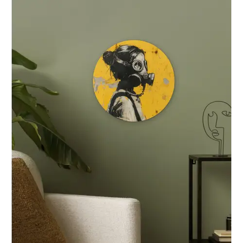 Vintage - Street art - Meisje - Masker - Geel - Banksy Wandcirkel kunststof plaat 5mm dik klein -sfeer3
