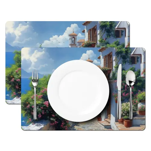 Huizen - Zee - Bomen - Bloemen Placemat vinyl groot -zzsfeer2_Kitchenyeah-website