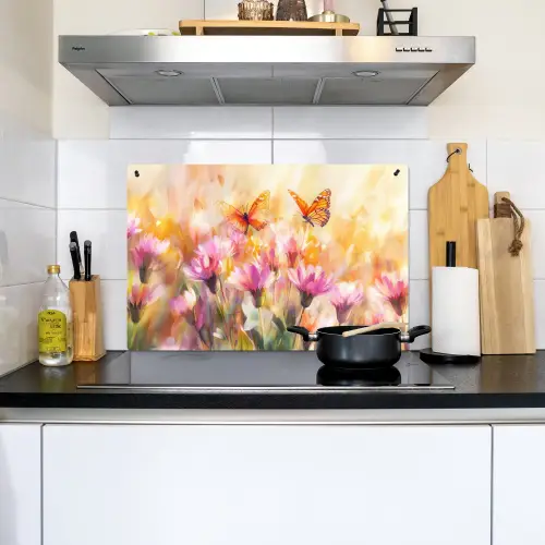 Vlinders - Oranje - Bloemen Inductie beschemer met haakjes klein -sfeer2