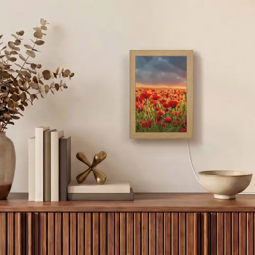 Zonsondergang - Klaprozen - Rood - Bloemen - Veld - Natuur Light Box met kabel (Tafellamp) klein -sfeer2