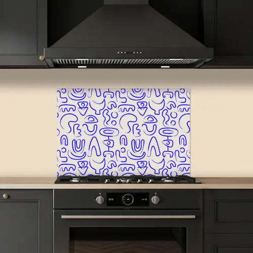 Blauw - Patroon - Abstract - Beige keuken achterwand spatscherm klein 900 -sfeer1