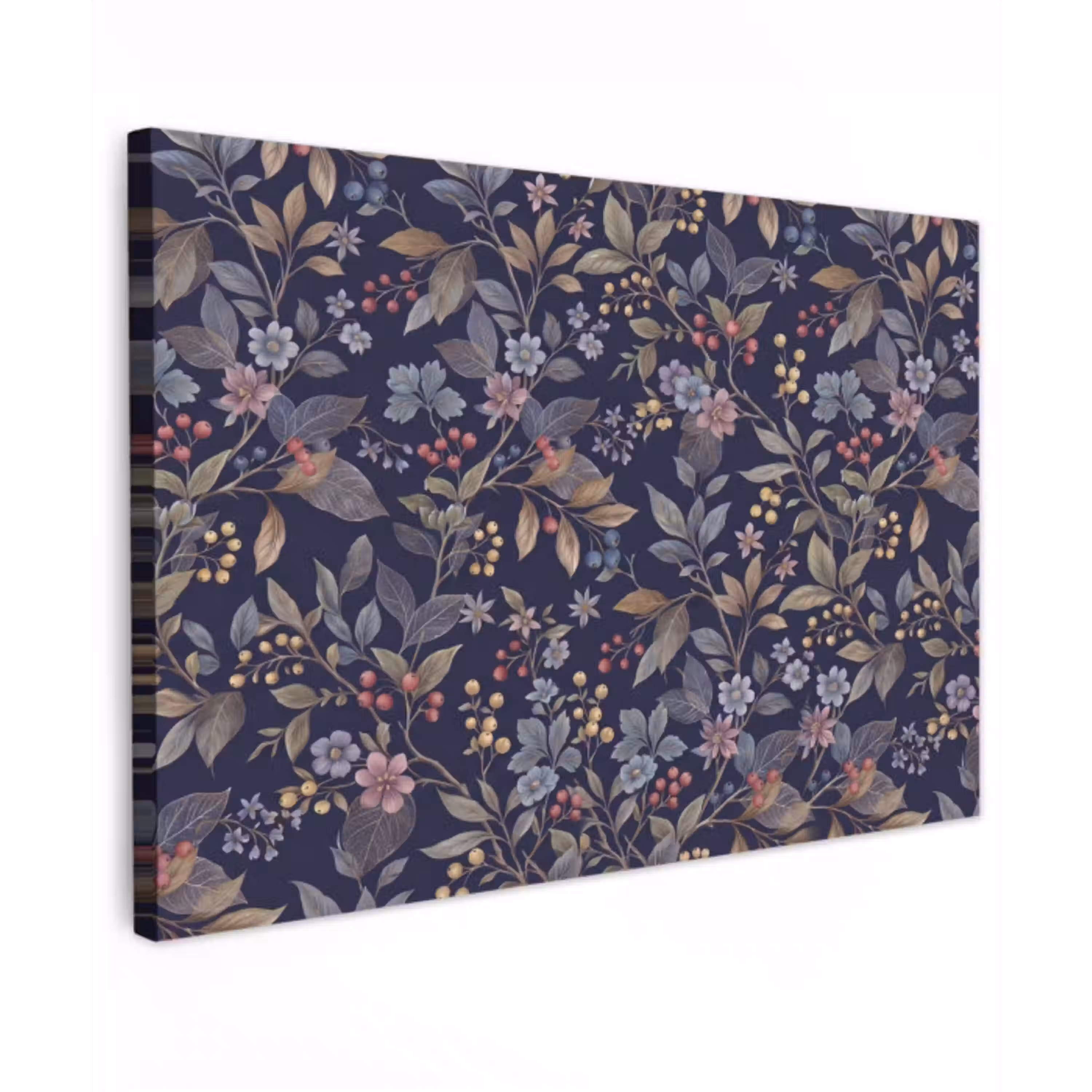 Bloemen - Bladeren - Patroon - Botanisch - Donkerblauw canvas 2cm klein -z3d