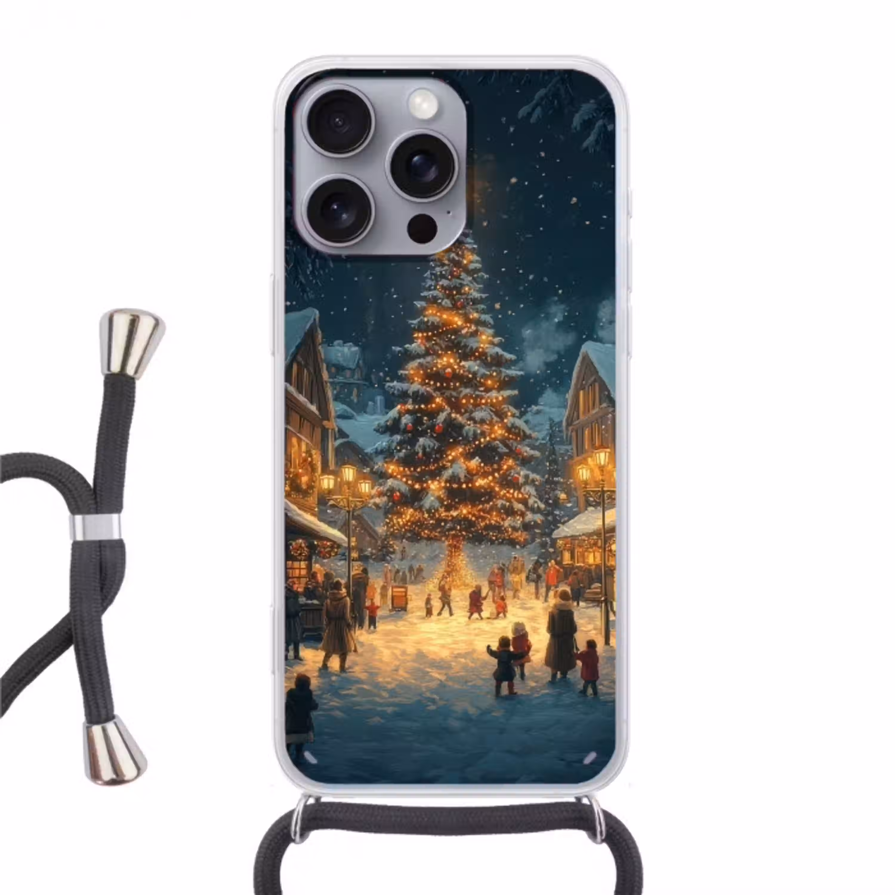 Kerstfeest - Dorp - Donker Hoesje iPhone 16 Pro Max met koord klein -3d