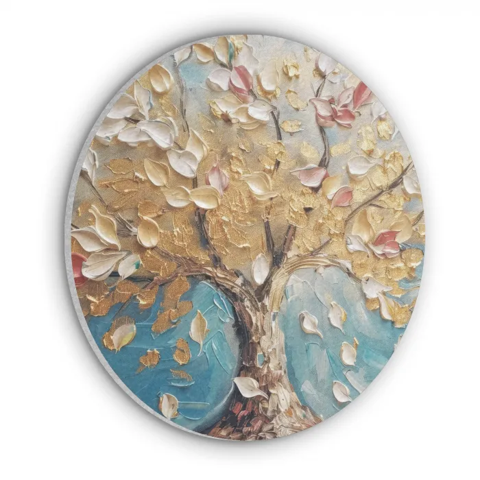 Boom - Blauw - Goud - Abstract - Modern Akoestische PET Vilt - Rond klein -3d