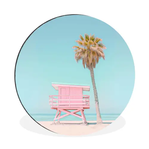 Palmboom - Strandhuis - Roze Wandcirkel aluminium klein -3d