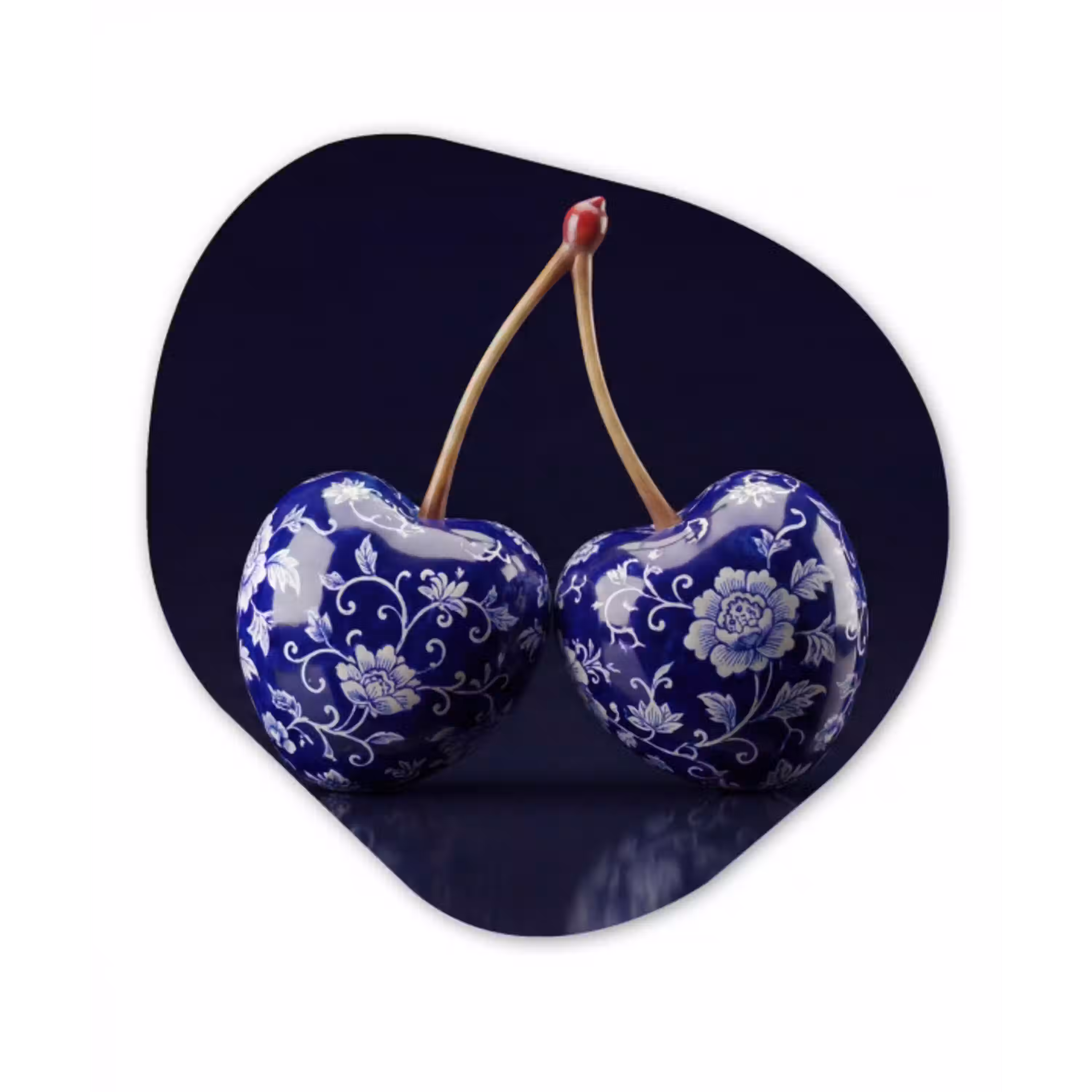Porselein- Kersen - Delfts - Blauw Wandcirkel Organisch Aluminium middel -3d