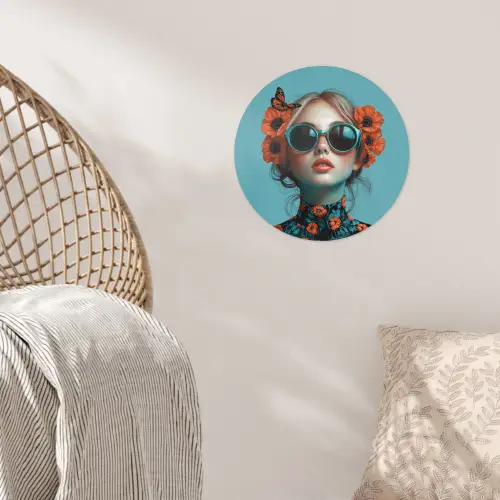 Vrouw - Blauw - Vlinder - Bloemen - Aesthetic Wandcirkel behangsticker klein -sfeer4