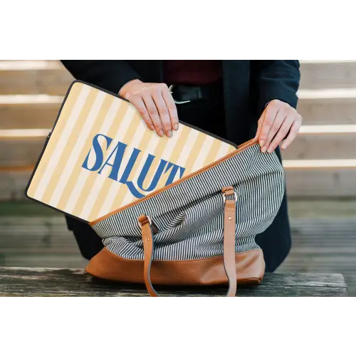 Salut - Quote - Strepen - Geel - Blauw - Wit laptophoes neopreen klein -tas