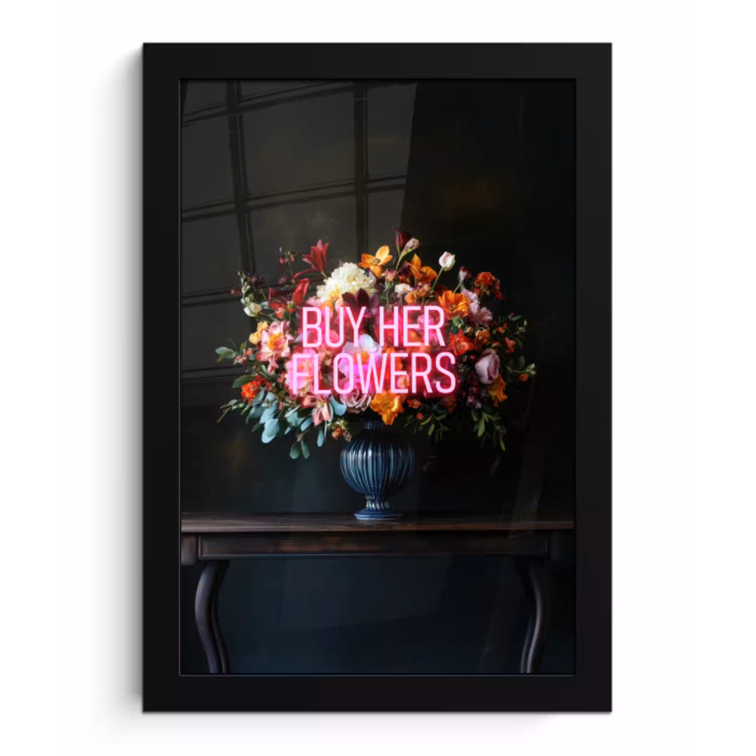 Quote - Bloemen - Vaas - Neon fotolijst zwart zonder passe partout klein -3d