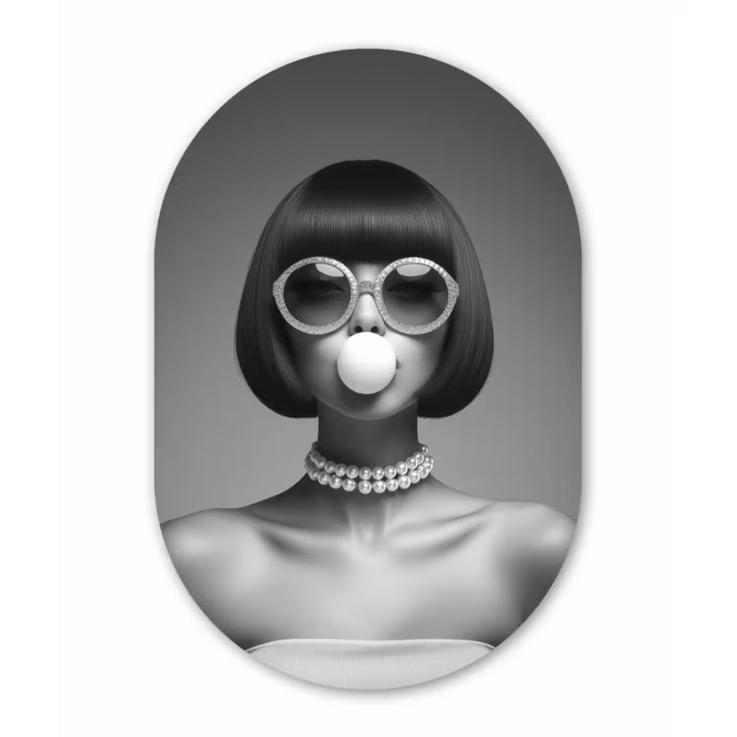 Alu-Dibond-Bild Oval - Frau - Schwarz und weiß - Halskette - Sonnenbrille