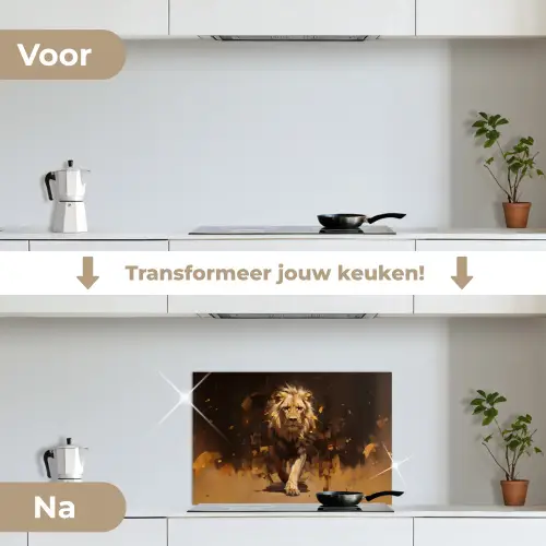 Leeuw - Geschilderd - Abstract - Goud keuken achterwand spatscherm klein -voor_na_NL