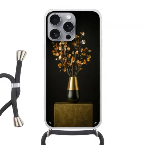 Goudbruine - Bladeren - Vaas - Herfstachtig Hoesje iPhone 16 Pro Max met koord klein -3d