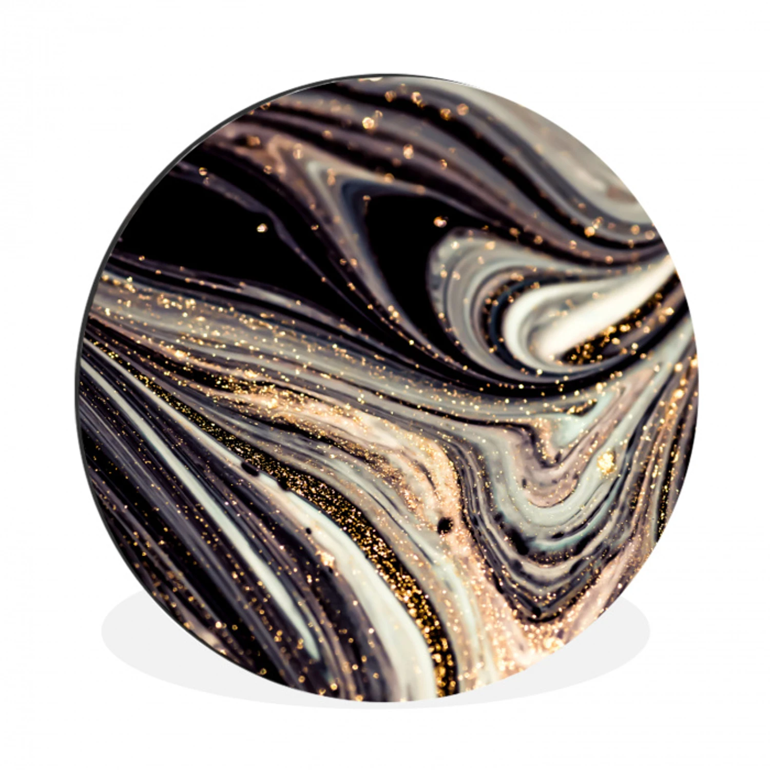 Marmerlook - Zwart - Goud - Wit - Glitter - Marmer Wandcirkel aluminium klein -3d
