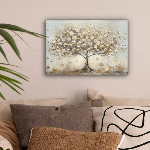 Boom - Beige - Goud - Verflook - Grijs canvas 2cm klein -sfeer1