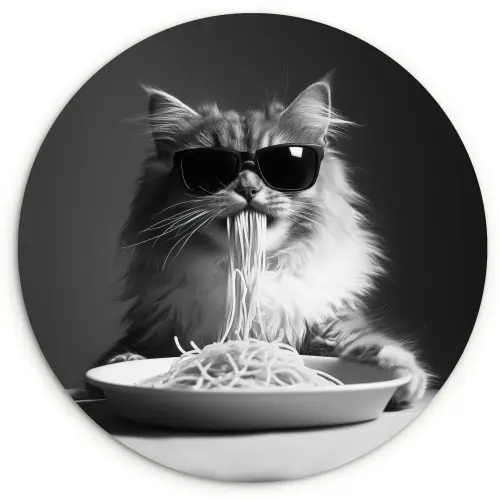 Langharige kat - Zonnebril - Spaghetti - Humor - Zwart - wit Wandcirkel kunststof plaat 5mm dik klein -3d