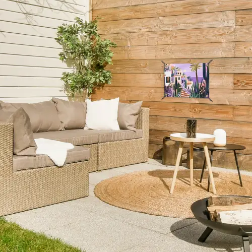 Huizen - Minimalistisch - Palmbomen - Kust tuinposter los doek klein -sfeer4