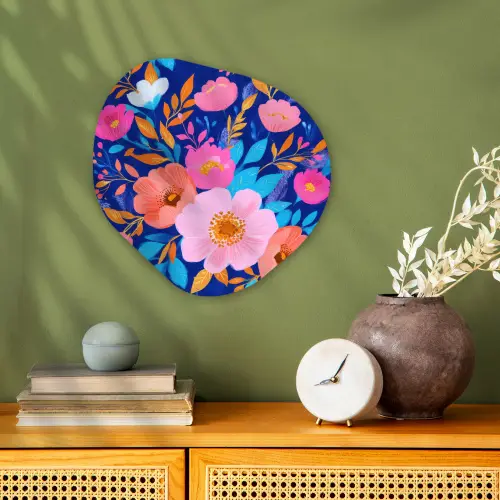 Bloemen - Blauw - Roze Wandcirkel Organisch Forex 3mm klein -sfeer2