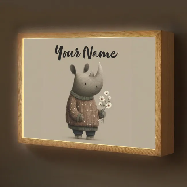 Lightbox - Kids' Wall Lamp with Name -. Rhinoceros - White flowers - Sweet