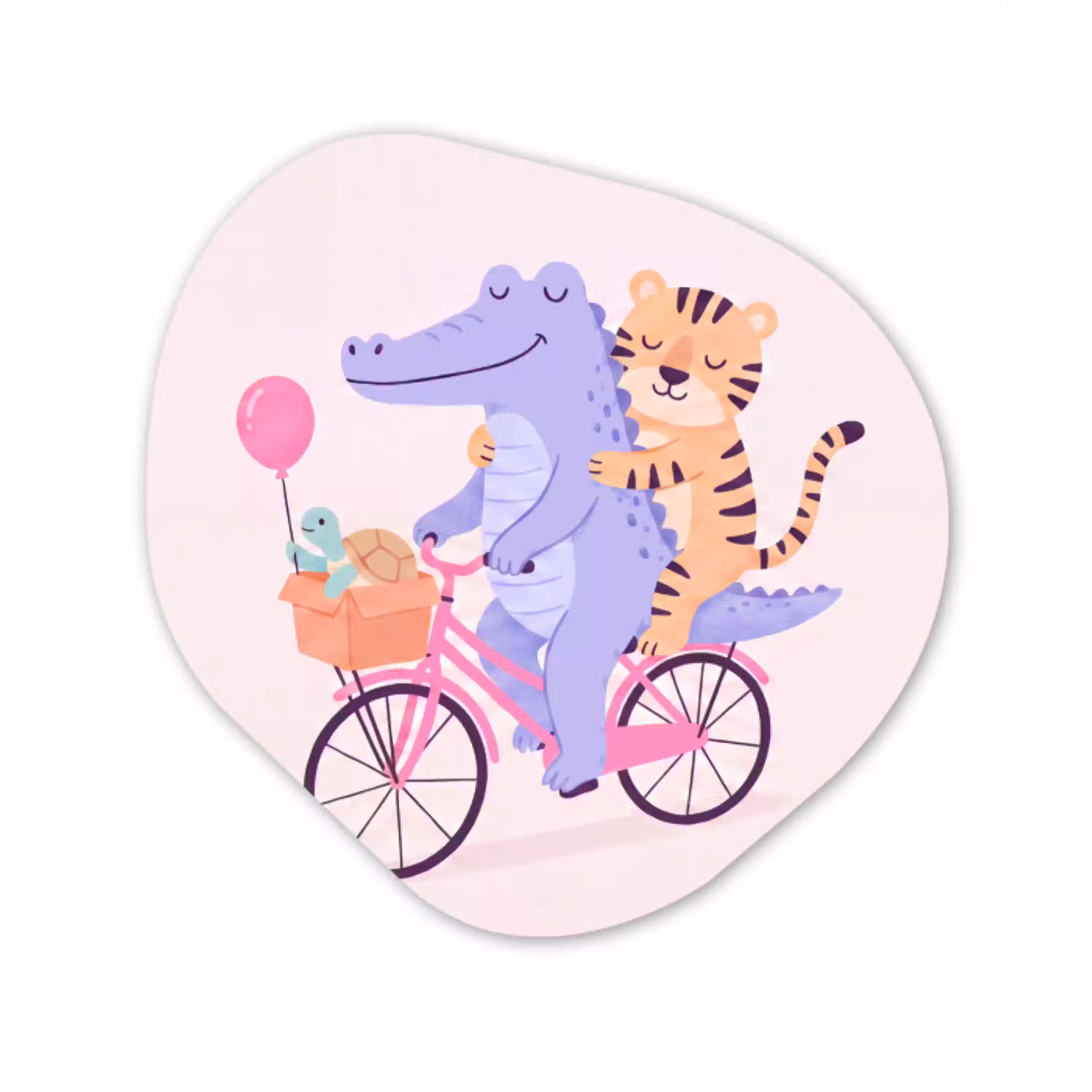 Dieren - Fiets - Vriendschap - Illustratie - Roze Wandcirkel Organisch Aluminium middel -3d