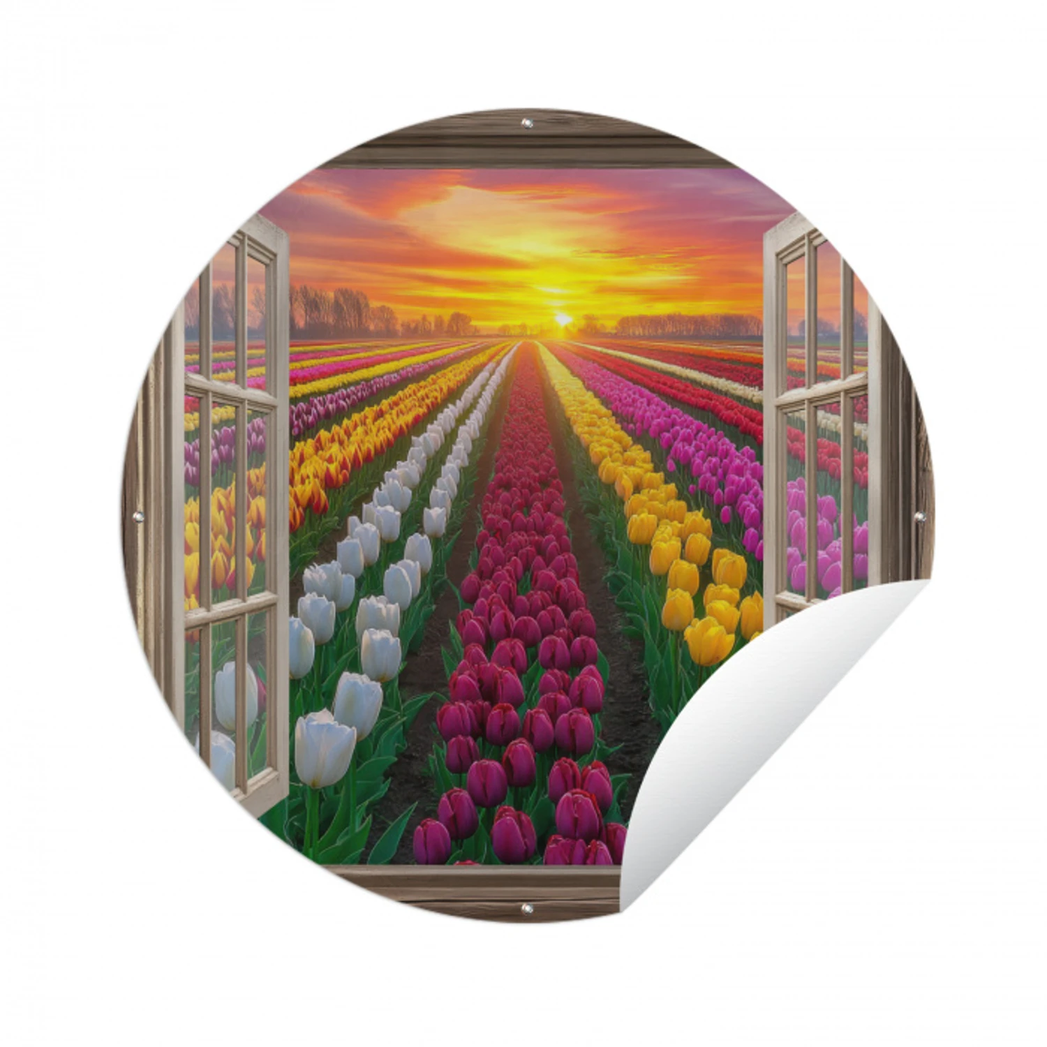 Doorkijk - Bloemen - Tulpen - Kleurrijk - Zonsondergang Wandcirkel tuinposter met ringen klein -3d