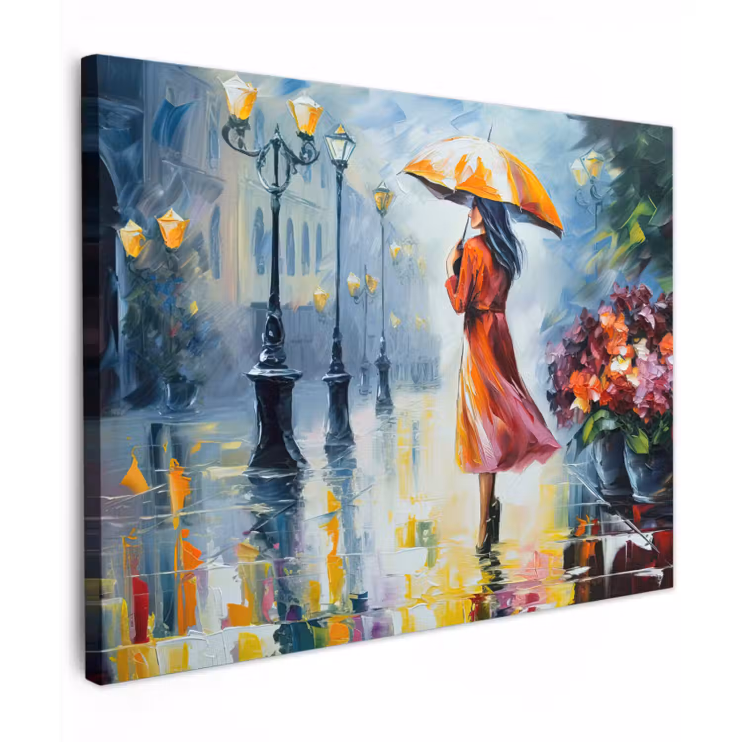 Canvas schilderij - Olieverf - Paraplu - Vrouw - Straat - Kunst