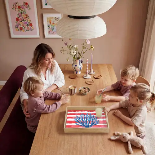 Koraal - Verfstructuur - Rood - Blauw Dienblad Rechthoek middel -sfeer4