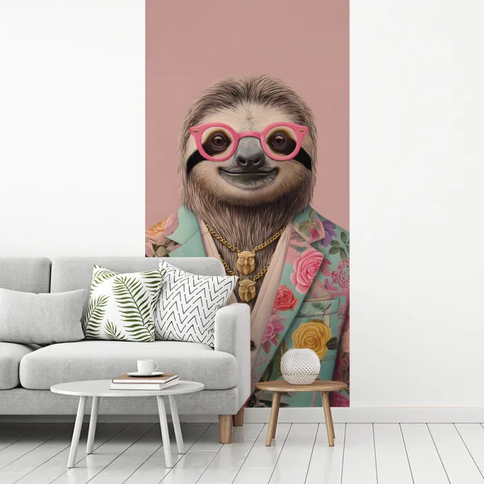 Luiaard - Bloemenprint - Bril - Roze fotobehang vinyl groot -woonkamer